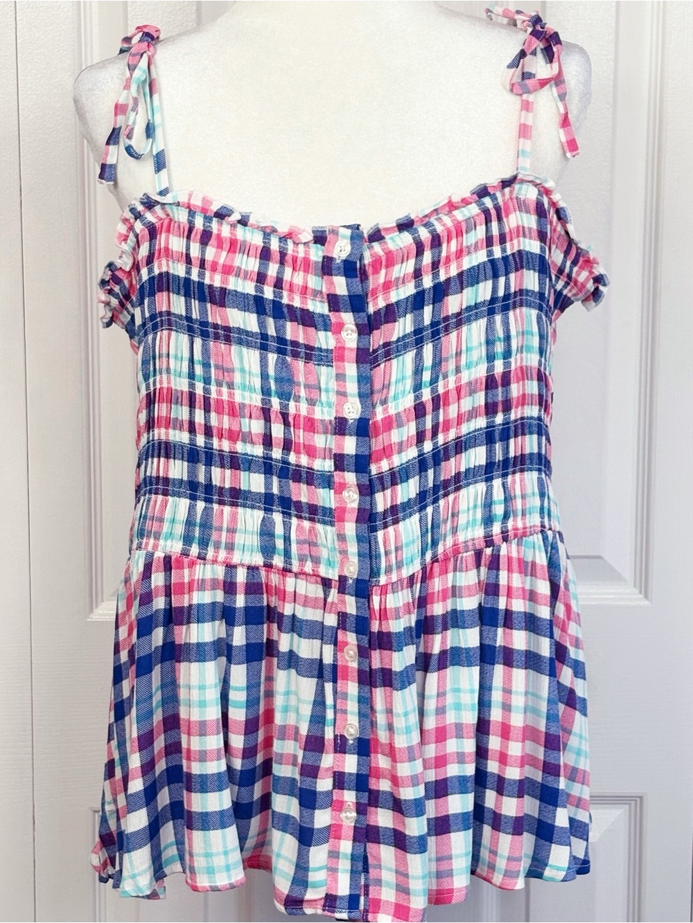 NWT Torrid Blue & Pink Plaid Gauze Smocked Tie Strap Cami Tank Top 3X